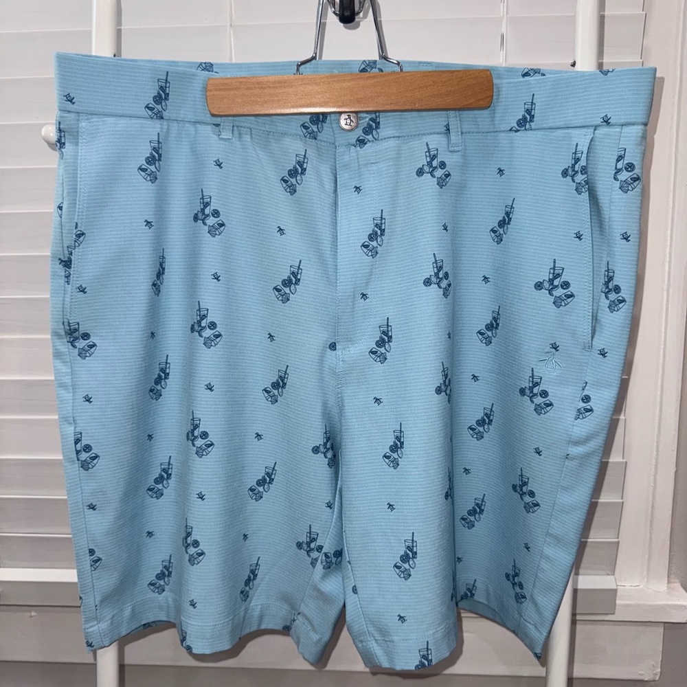 Original Penguin Light Blue and Navy Patterned Shorts Cocktail Design 36
